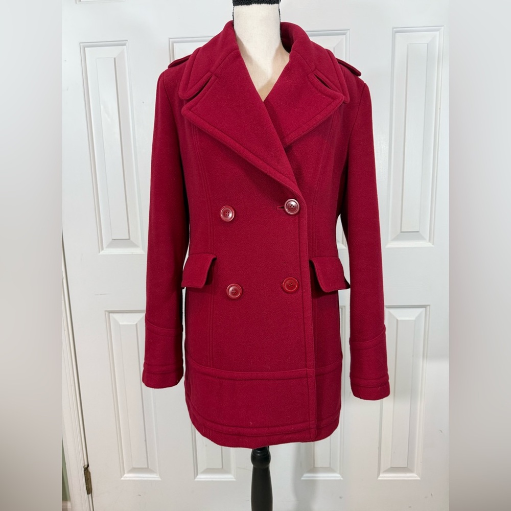 Moda International Rich Red  Double-Breasted Peacoat. Great for the holidays!